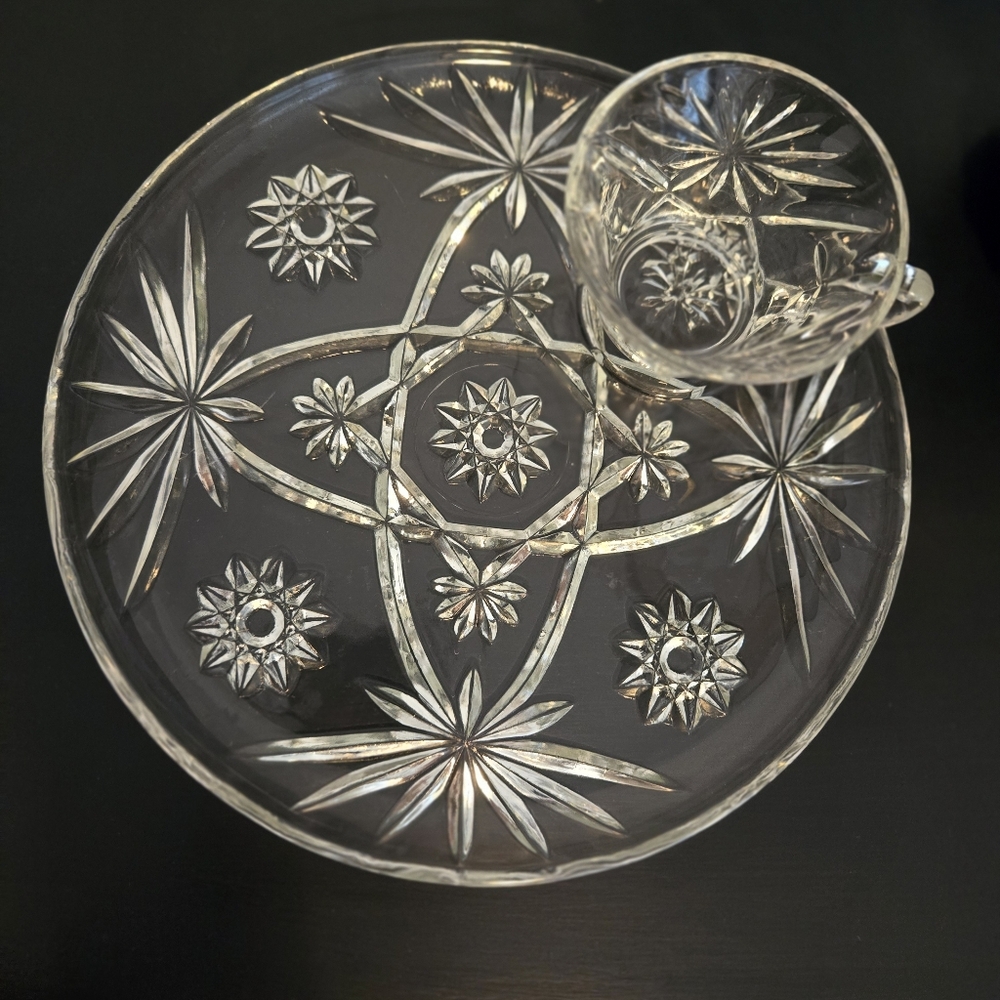 Anchor Hocking Cut Glass Snack Set (4 plates and 4 cups)
